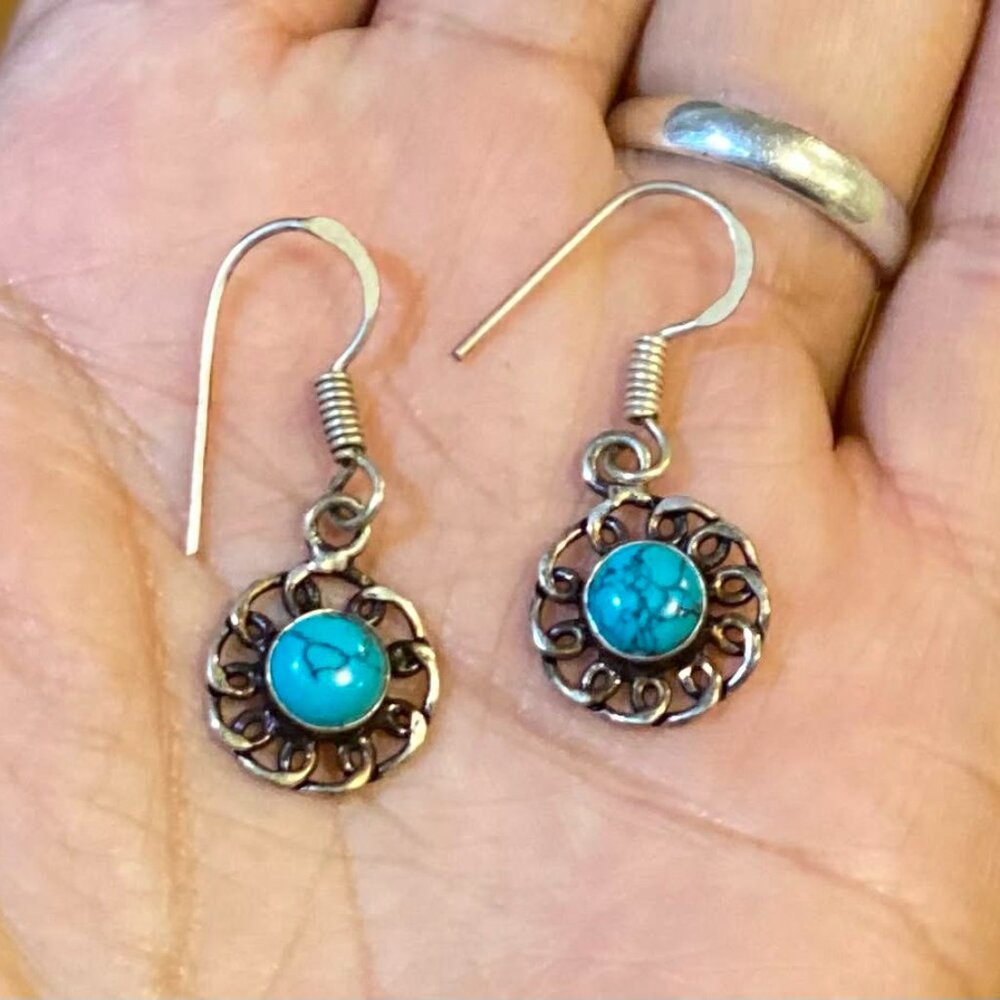 925 Sterling Silver Turquoise Floral Drop Earrings – Handcrafted Boho Charm